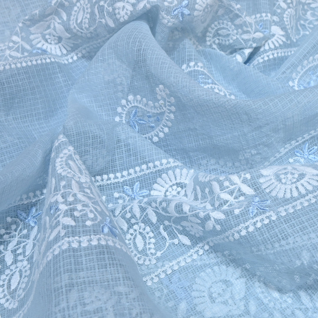 Light blue Color Cotton Kota Thread Embroidery Fabric