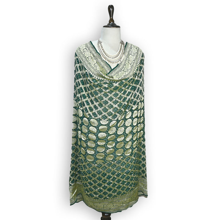 Green Gharchola Bandhani Dupatta in Pure Georgette – Traditional Zari Woven Festive Dupatta