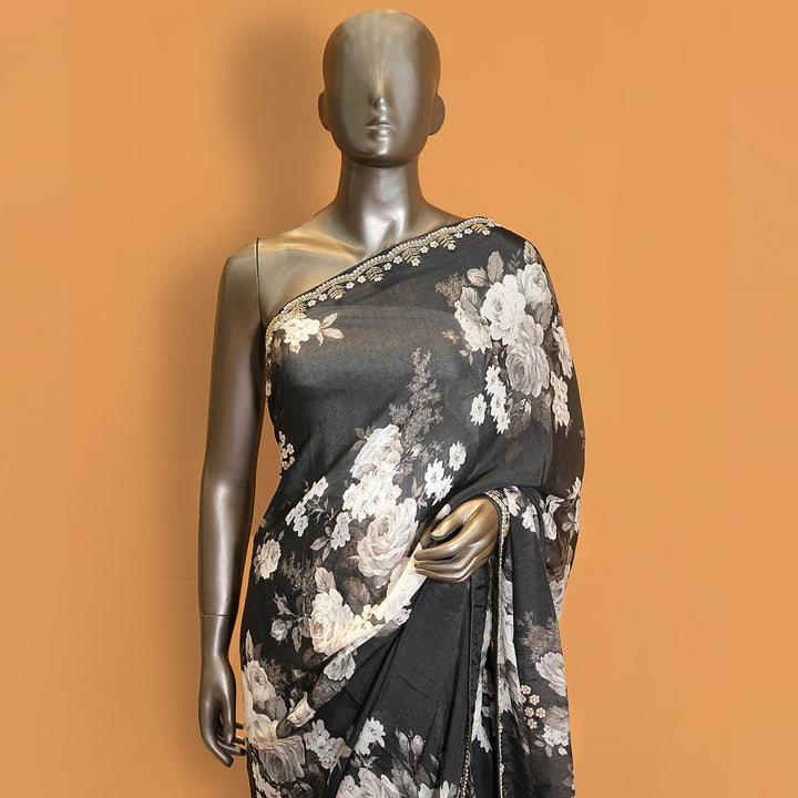 Black Colour Chinon Crepe Digital Print With Cut Dana Hand Work Sarees