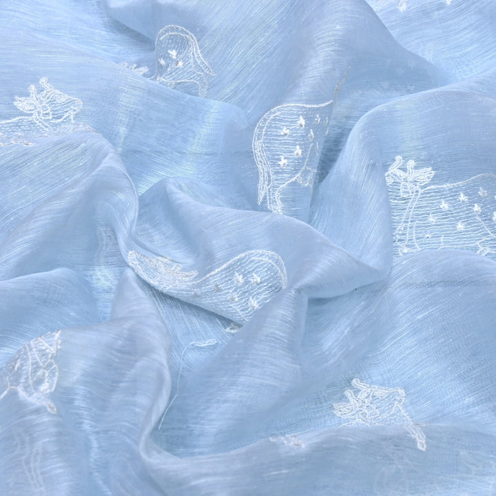Powder Blue Color Linen Thread Embroidery Fabrics – Soft Designer Linen Embroidered Fabric-031168-6