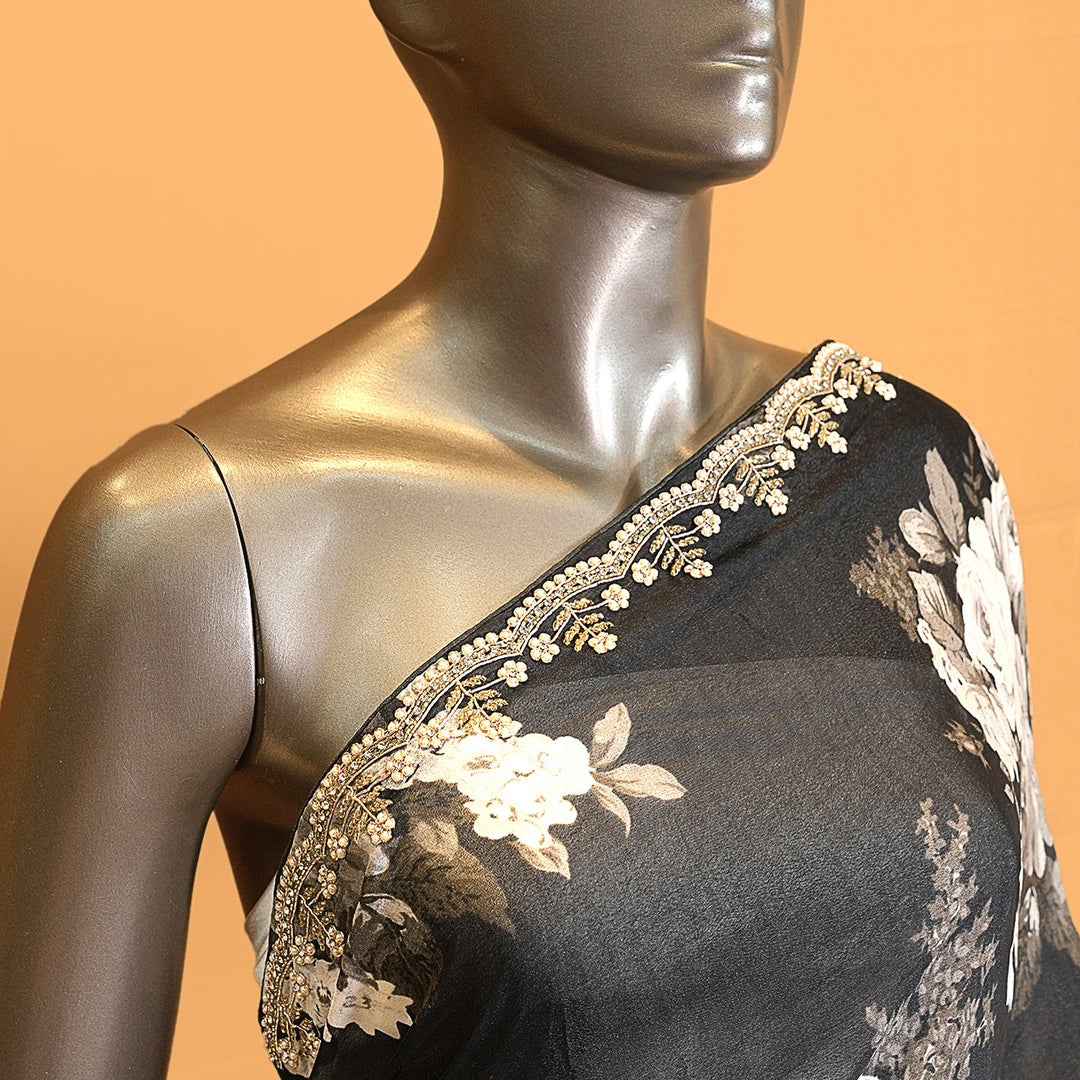 Black Colour Chinon Crepe Digital Print With Cut Dana Hand Work Sarees