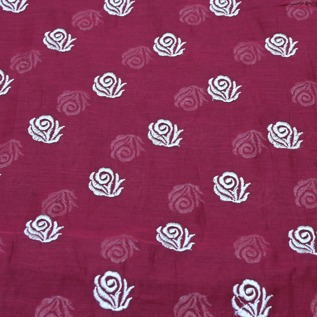 Wine Berry Color Mul Chanderi Floral Buti Embroidery Fabric