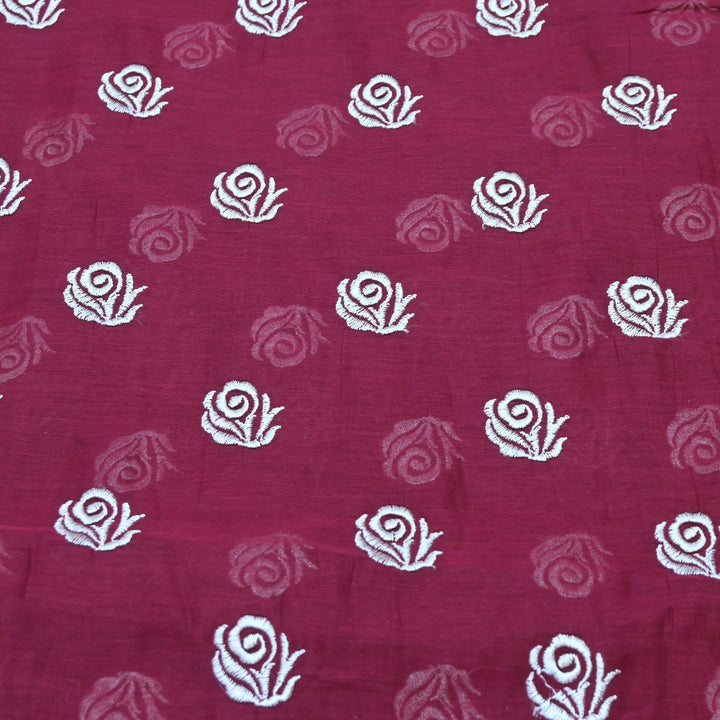 Wine Berry Color Mul Chanderi Floral Buti Embroidery Fabric