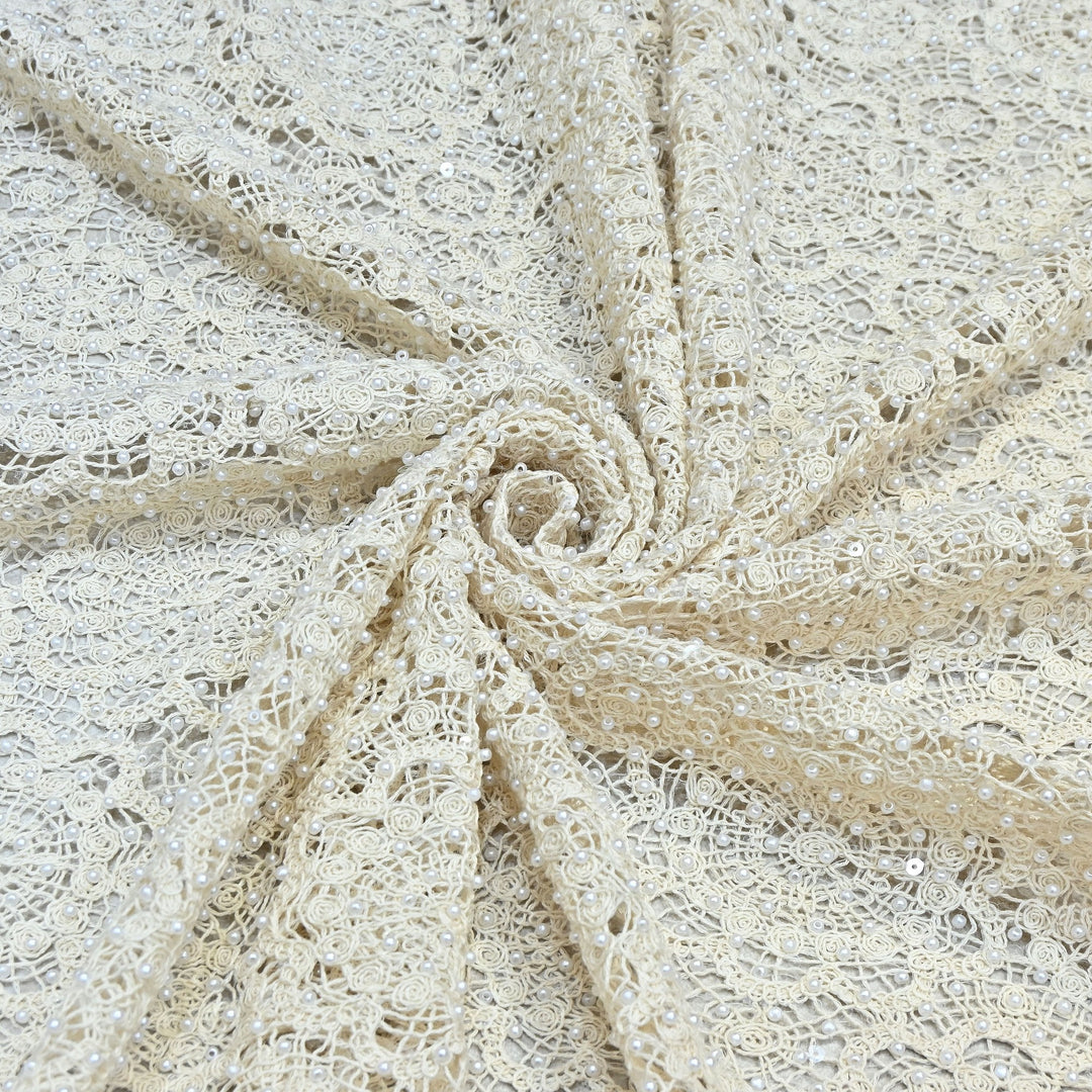 Imported Premium Pearl Embellished Floral Lace Fabric – Luxury Bridal Designer Fabric AT034/25
