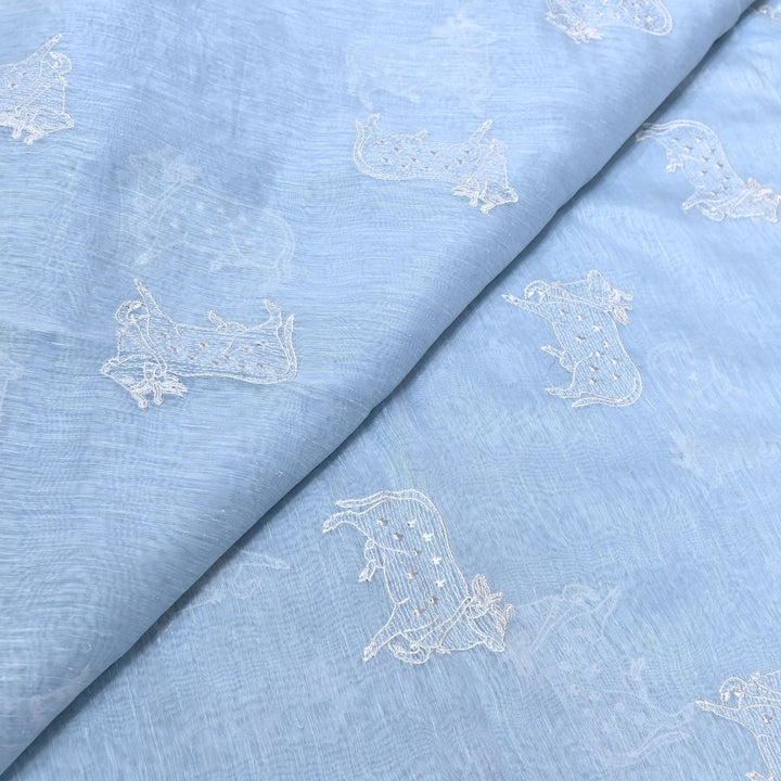 Powder Blue Color Linen Thread Embroidery Fabrics – Soft Designer Linen Embroidered Fabric-031168-6