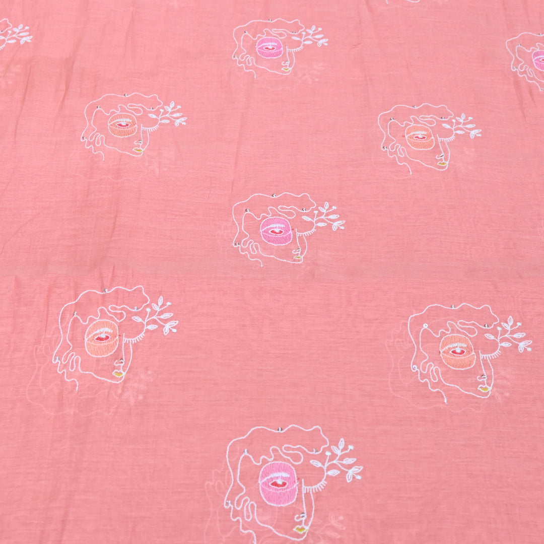 Peach Mul Chanderi Fabric with allover Sequins Thread Embroidery.