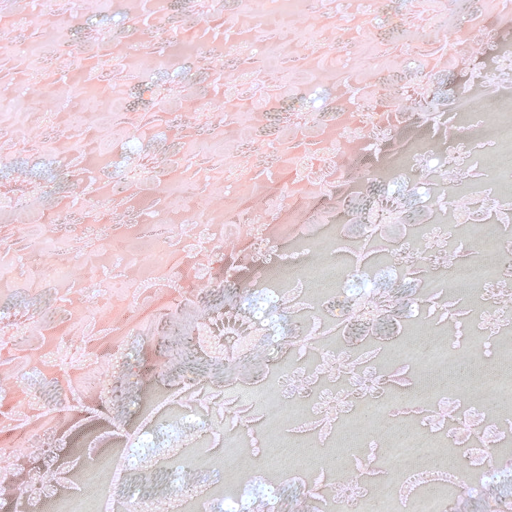 Imported Net Fabric with 3D Floral & Cut Dana Sequins Embroidery – Premium Party Wear Fabric-DY03174-1B
