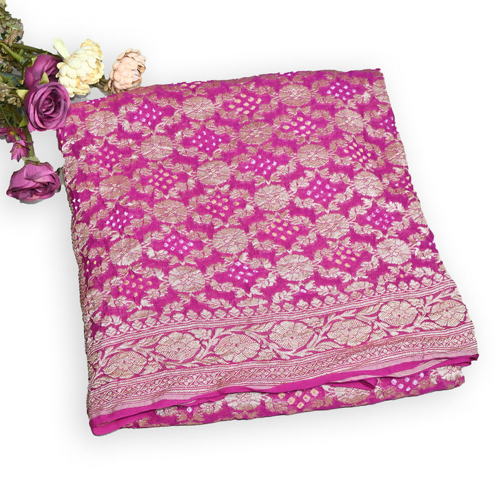Pink Gharchola Bandhani Dupatta in Pure Georgette – Traditional Zari Woven Festive Dupatta
