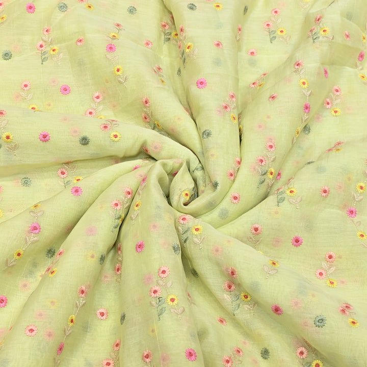Pastel Green Color Mul Chanderi Thread Embroidery Fabric – Soft Lightweight Designer Fabric- GP4209-2