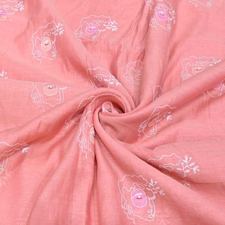 Peach Mul Chanderi Fabric with allover Sequins Thread Embroidery.