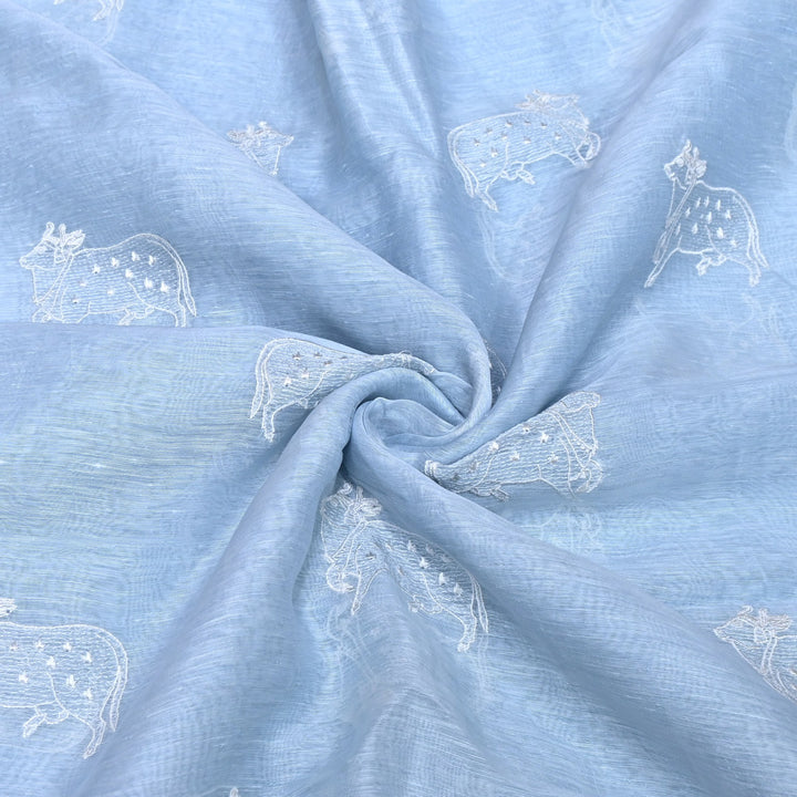 Powder Blue Color Linen Thread Embroidery Fabrics – Soft Designer Linen Embroidered Fabric-031168-6