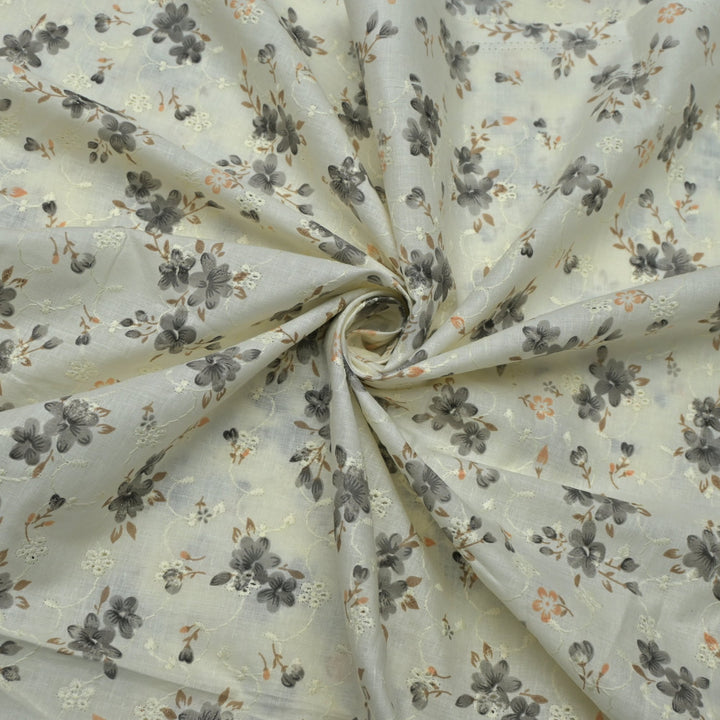 Floral Digital Print Cotton Chikan Embroidery Fabrics