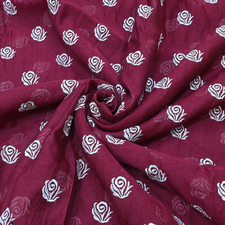 Wine Berry Color Mul Chanderi Floral Buti Embroidery Fabric