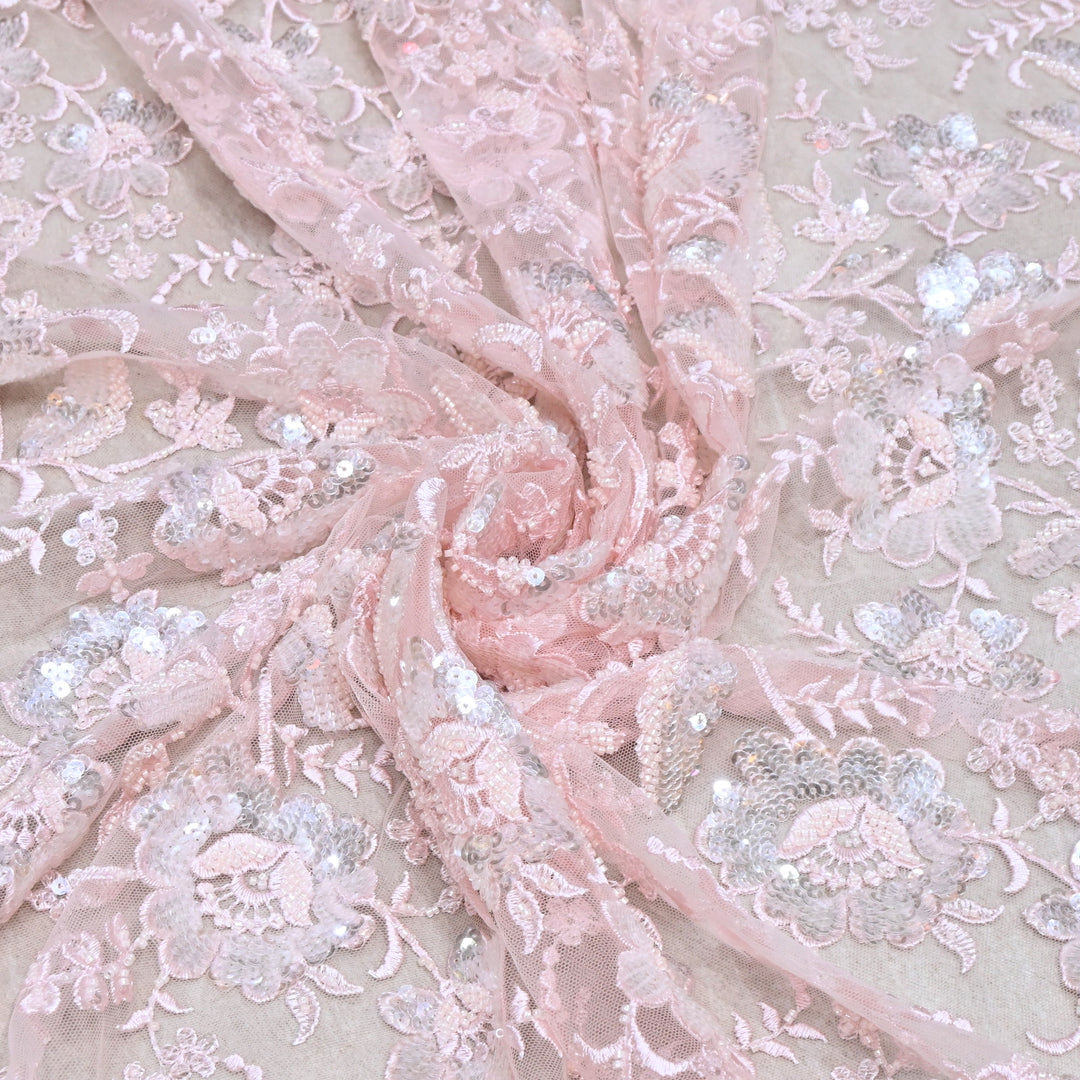 Imported Net Fabric with 3D Floral & Cut Dana Sequins Embroidery – Premium Party Wear Fabric-DY03174-1B