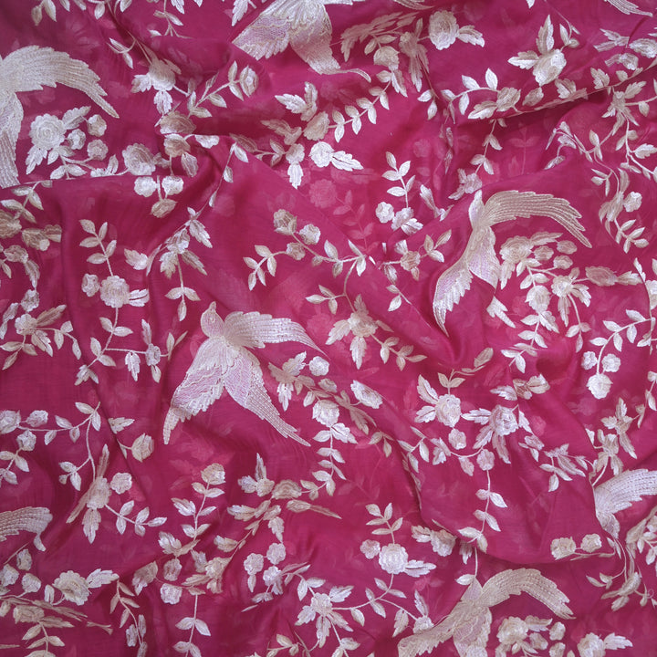 Magenta with White Cotton Chanderi Thread Embroidery | CN-1038