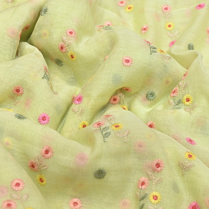 Pastel Green Color Mul Chanderi Thread Embroidery Fabric – Soft Lightweight Designer Fabric- GP4209-2