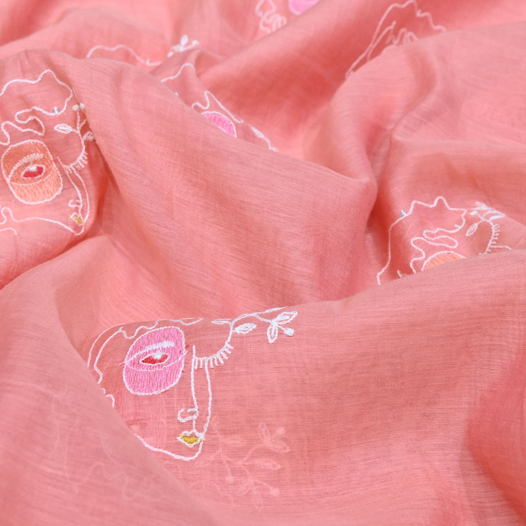Peach Mul Chanderi Fabric with allover Sequins Thread Embroidery.