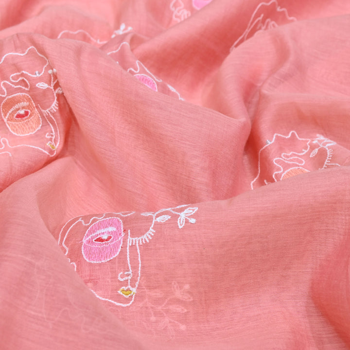 Peach Mul Chanderi Fabric with allover Sequins Thread Embroidery.