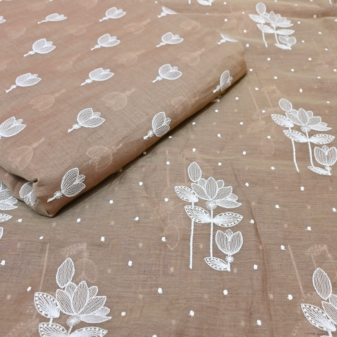 Coffee Brown Mul Chanderi Fabric with Thread Embroidery