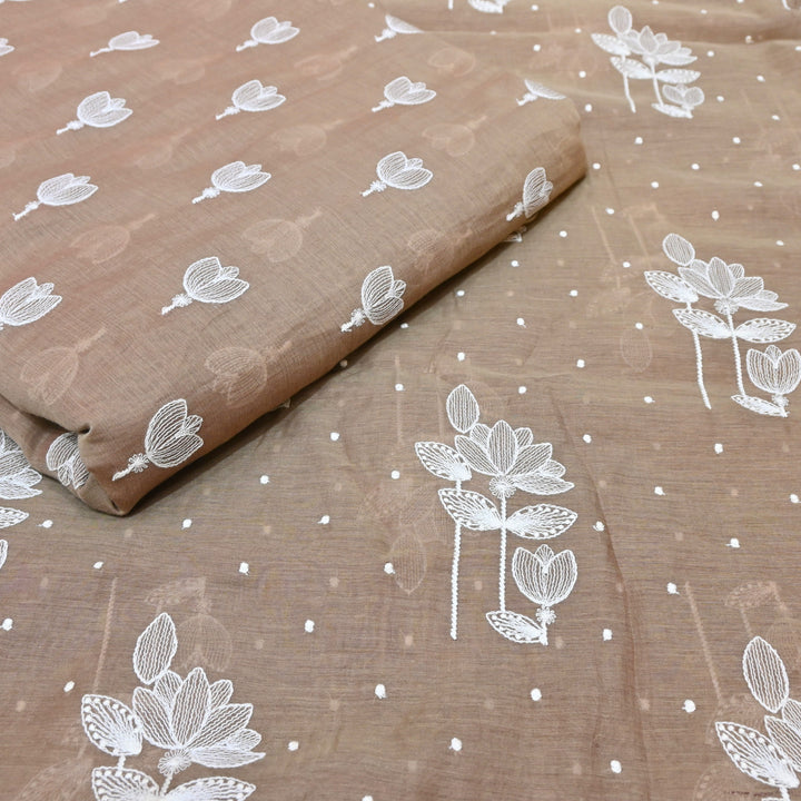 Coffee Brown Mul Chanderi Fabric with Thread Embroidery