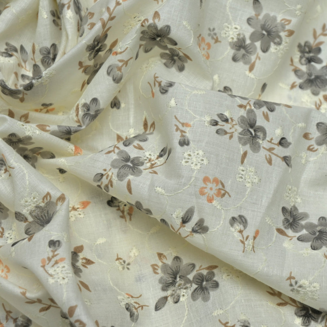 Floral Digital Print Cotton Chikan Embroidery Fabrics