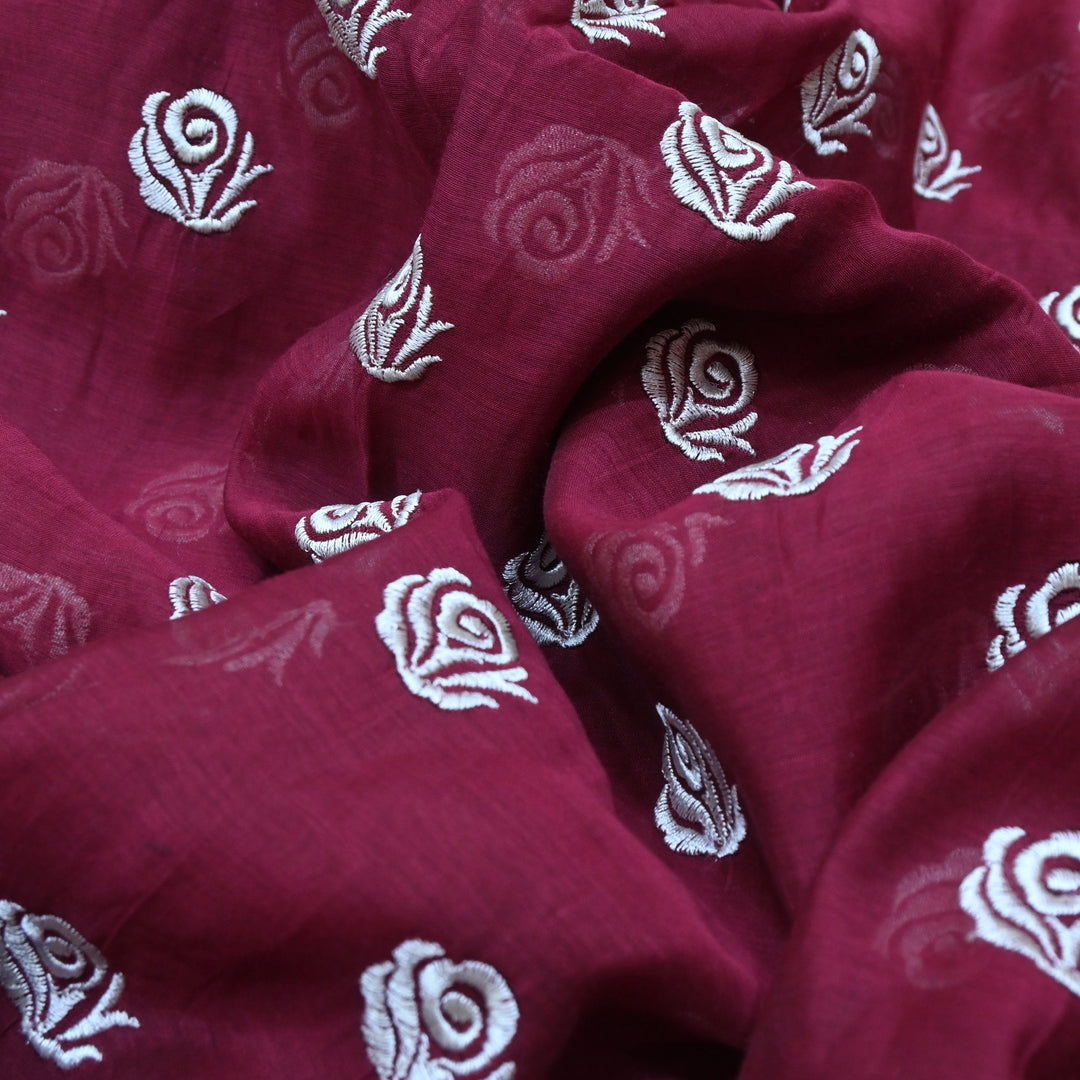 Wine Berry Color Mul Chanderi Floral Buti Embroidery Fabric