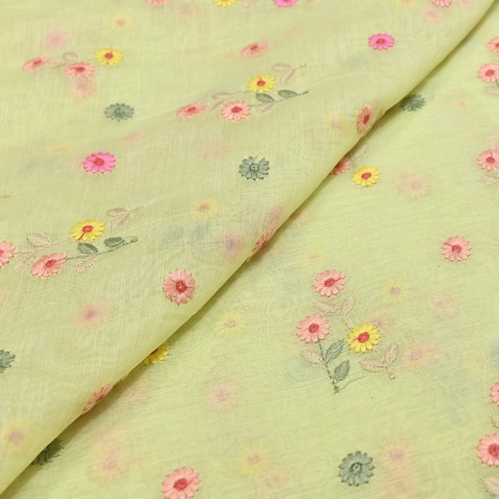 Pastel Green Color Mul Chanderi Thread Embroidery Fabric – Soft Lightweight Designer Fabric- GP4209-2
