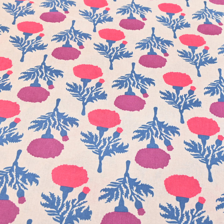 White Cotton Linen In Magenta Floral Print
