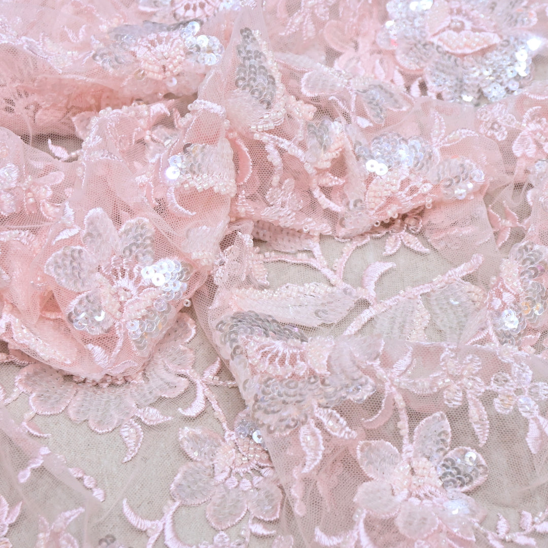 Imported Net Fabric with 3D Floral & Cut Dana Sequins Embroidery – Premium Party Wear Fabric-DY03174-1B