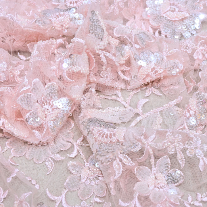 Imported Net Fabric with 3D Floral & Cut Dana Sequins Embroidery – Premium Party Wear Fabric-DY03174-1B