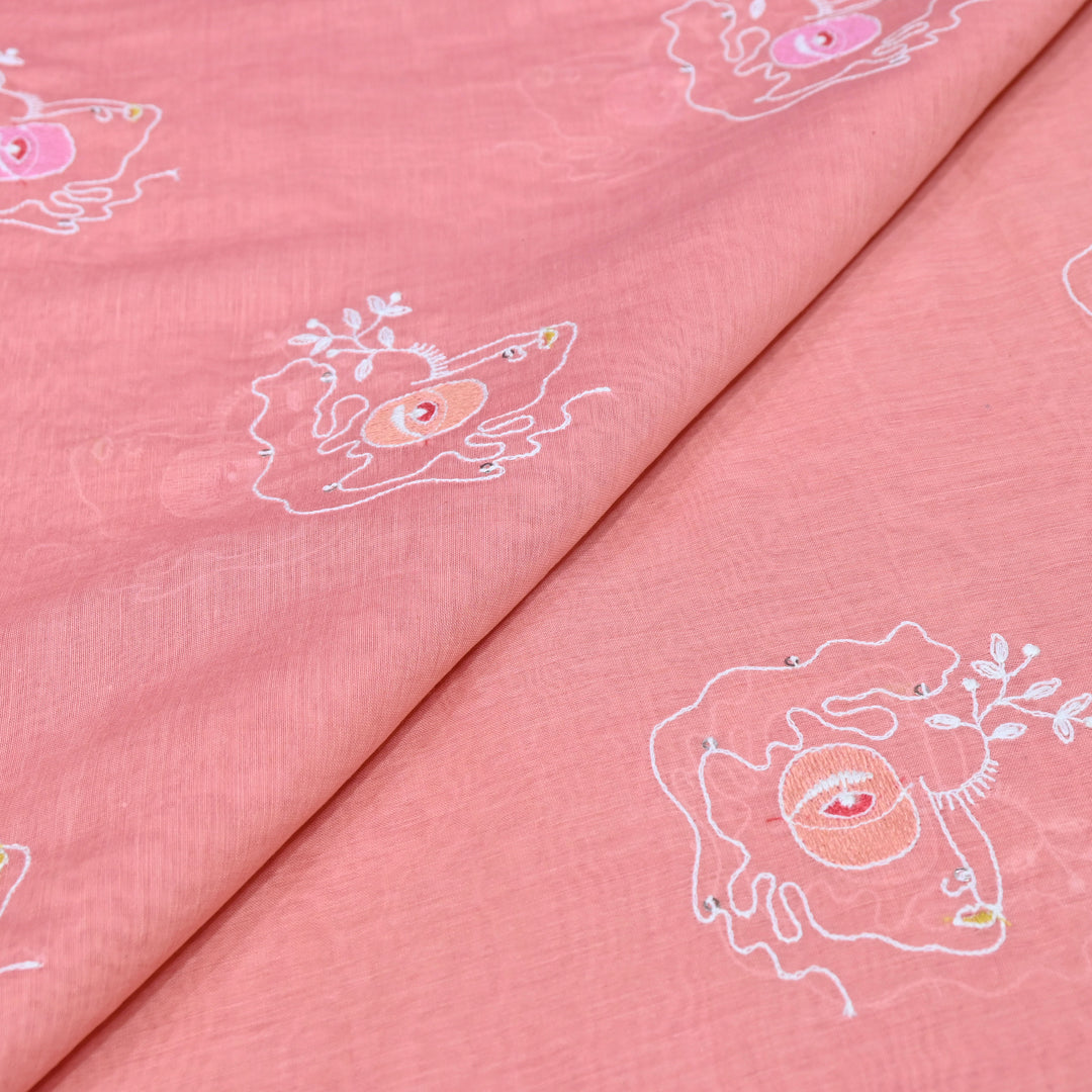 Peach Mul Chanderi Fabric with allover Sequins Thread Embroidery.