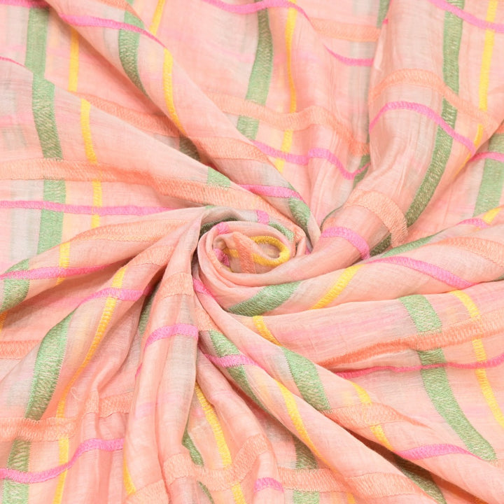 Peach Color Mul Chanderi Thread Embroidery Fabric – Soft Lightweight Designer Fabric-V2189C-1