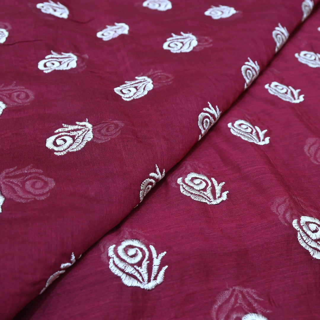 Wine Berry Color Mul Chanderi Floral Buti Embroidery Fabric