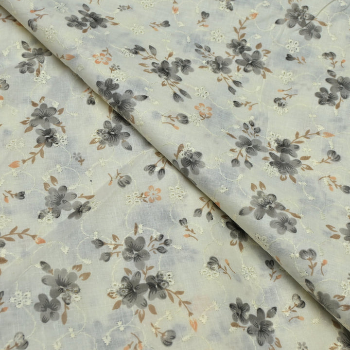 Floral Digital Print Cotton Chikan Embroidery Fabrics