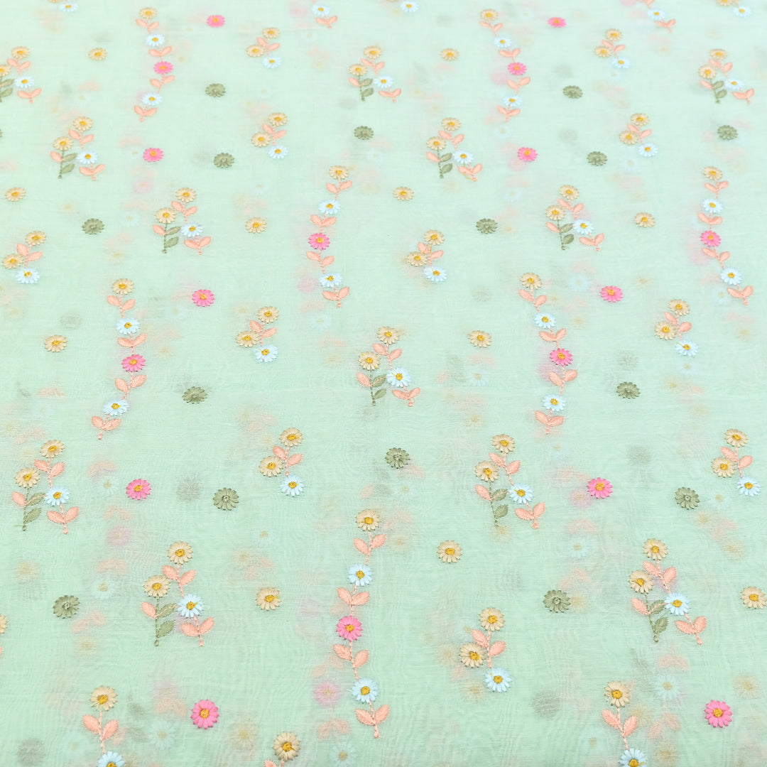 Mint Green Color Mul Chanderi Thread Embroidery Fabric – Soft Lightweight Designer Fabric- GP4209-3