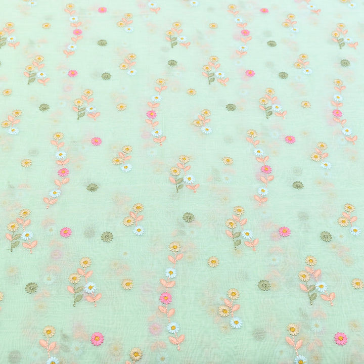 Mint Green Color Mul Chanderi Thread Embroidery Fabric – Soft Lightweight Designer Fabric- GP4209-3