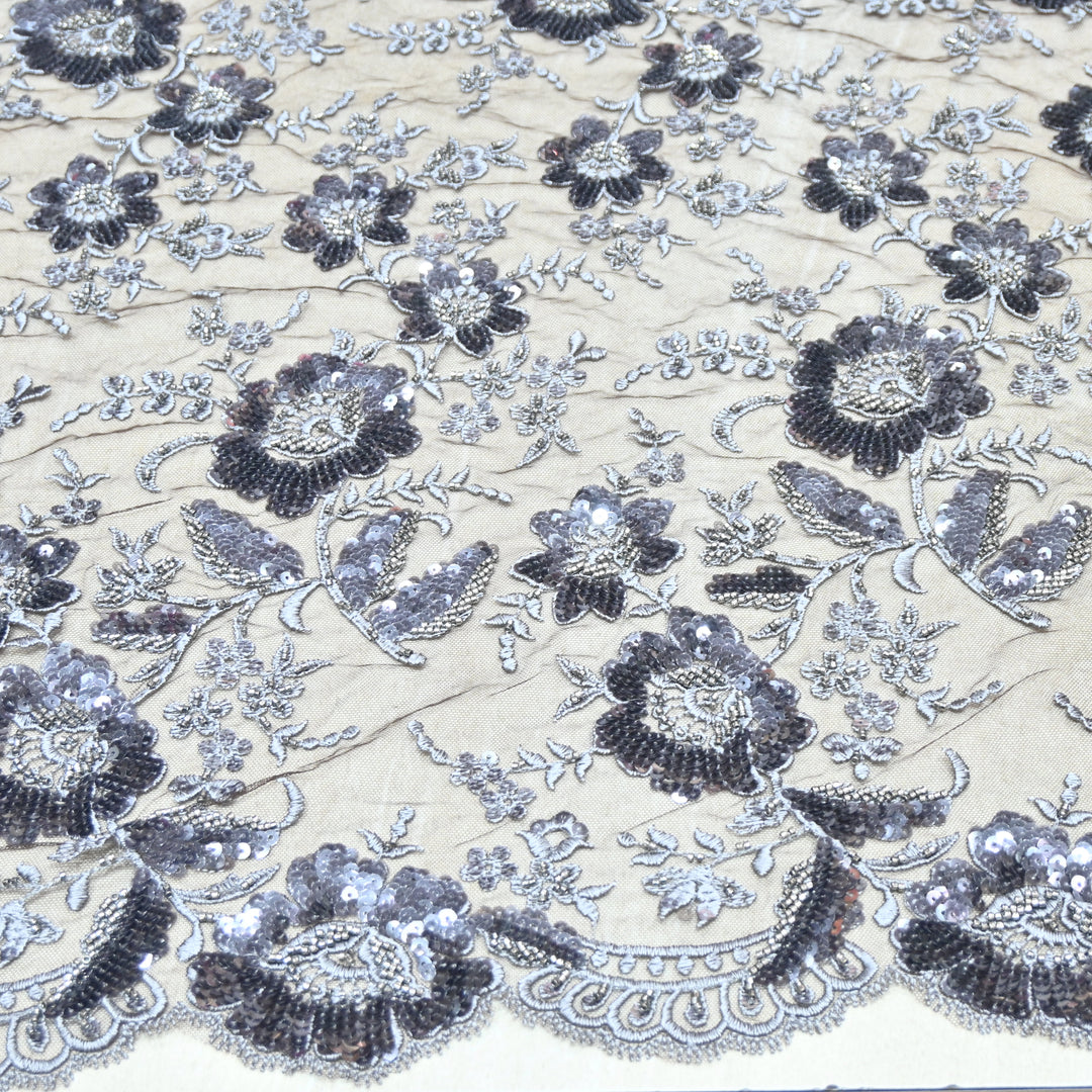 Imported Net Fabric with 3D Floral & Cut Dana Sequins Embroidery – Premium Party Wear Fabric-DY03174-1C