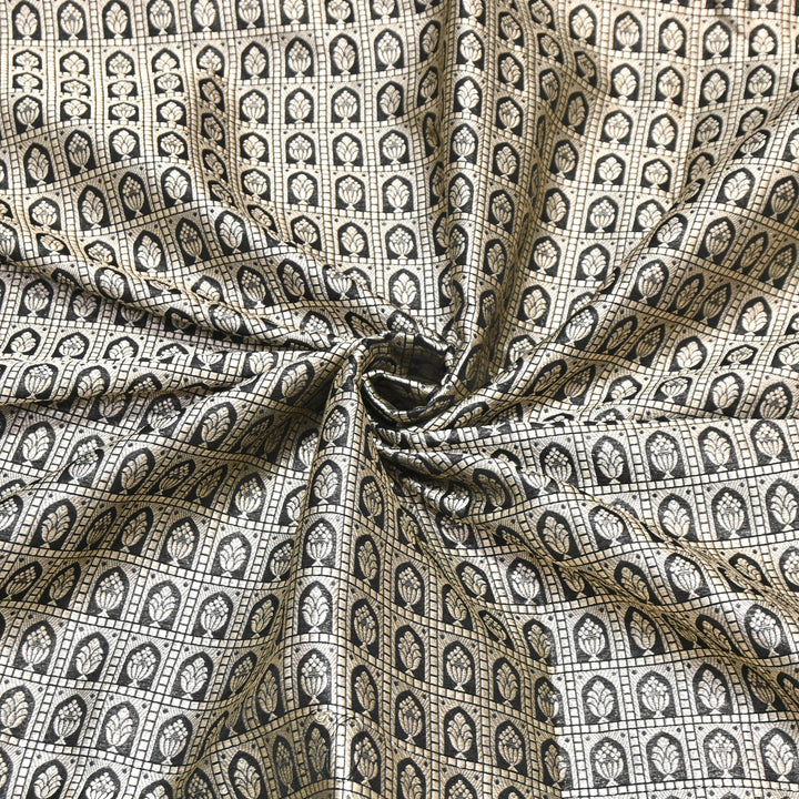 Black Color Pure Silk Alfi Zari Brocade Fabric 44" – Luxury Traditional Designer Fabric ZTF001-3