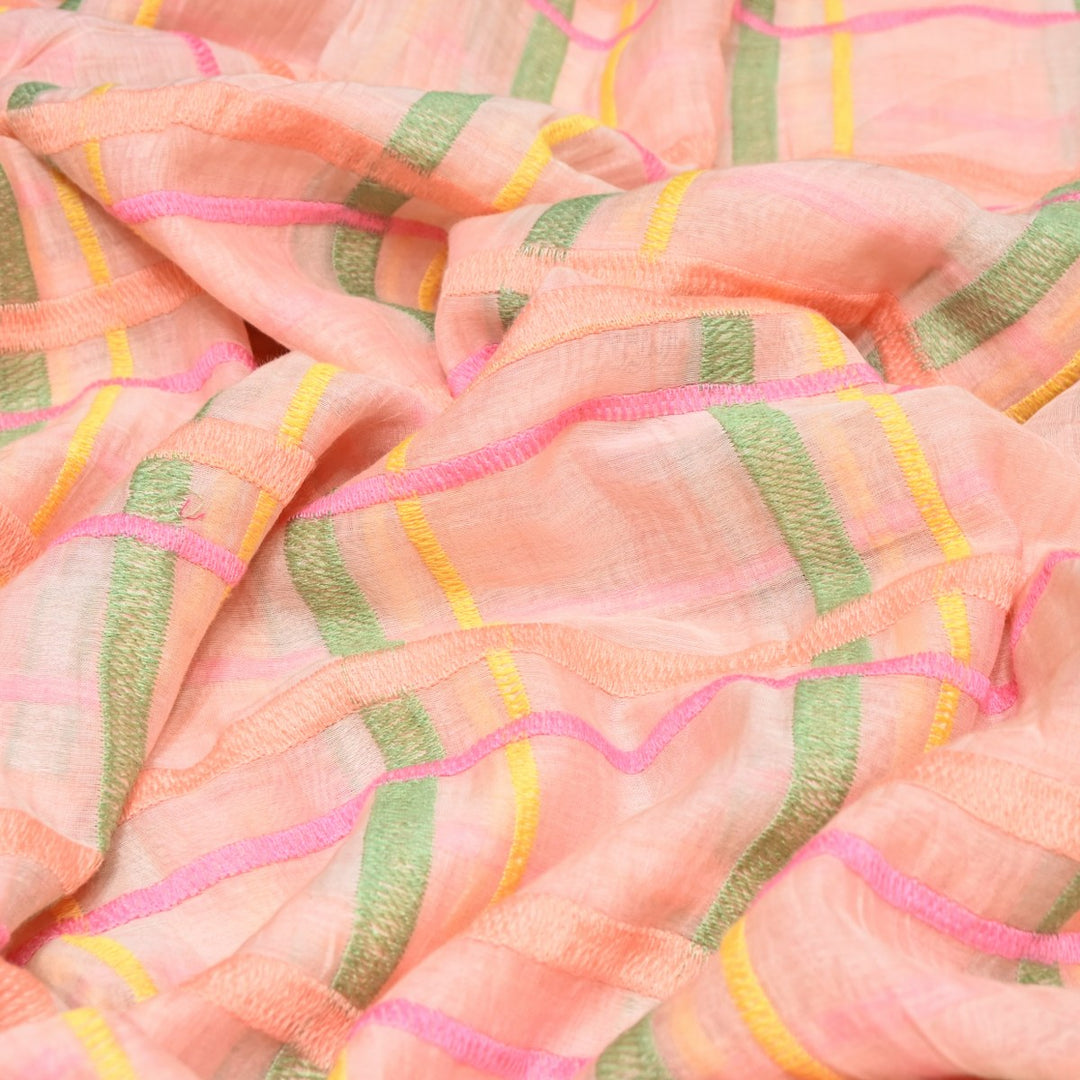 Peach Color Mul Chanderi Thread Embroidery Fabric – Soft Lightweight Designer Fabric-V2189C-1