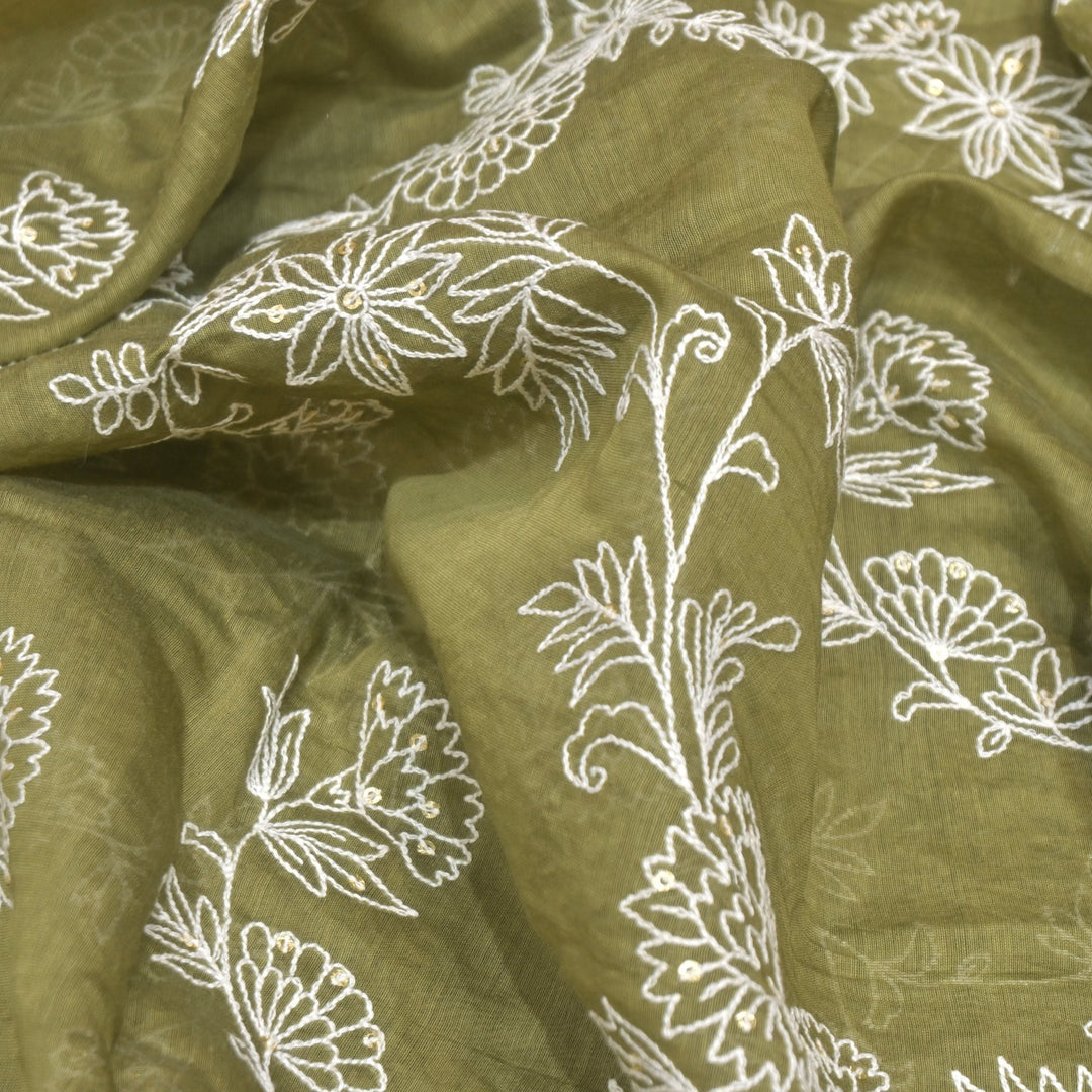 Cotton Chanderi Thread With Sequins Embroidery Fabric