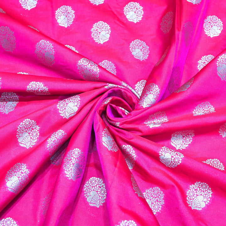 Neon Pink Color Katan Silk Zari Buti Brocade Fabric