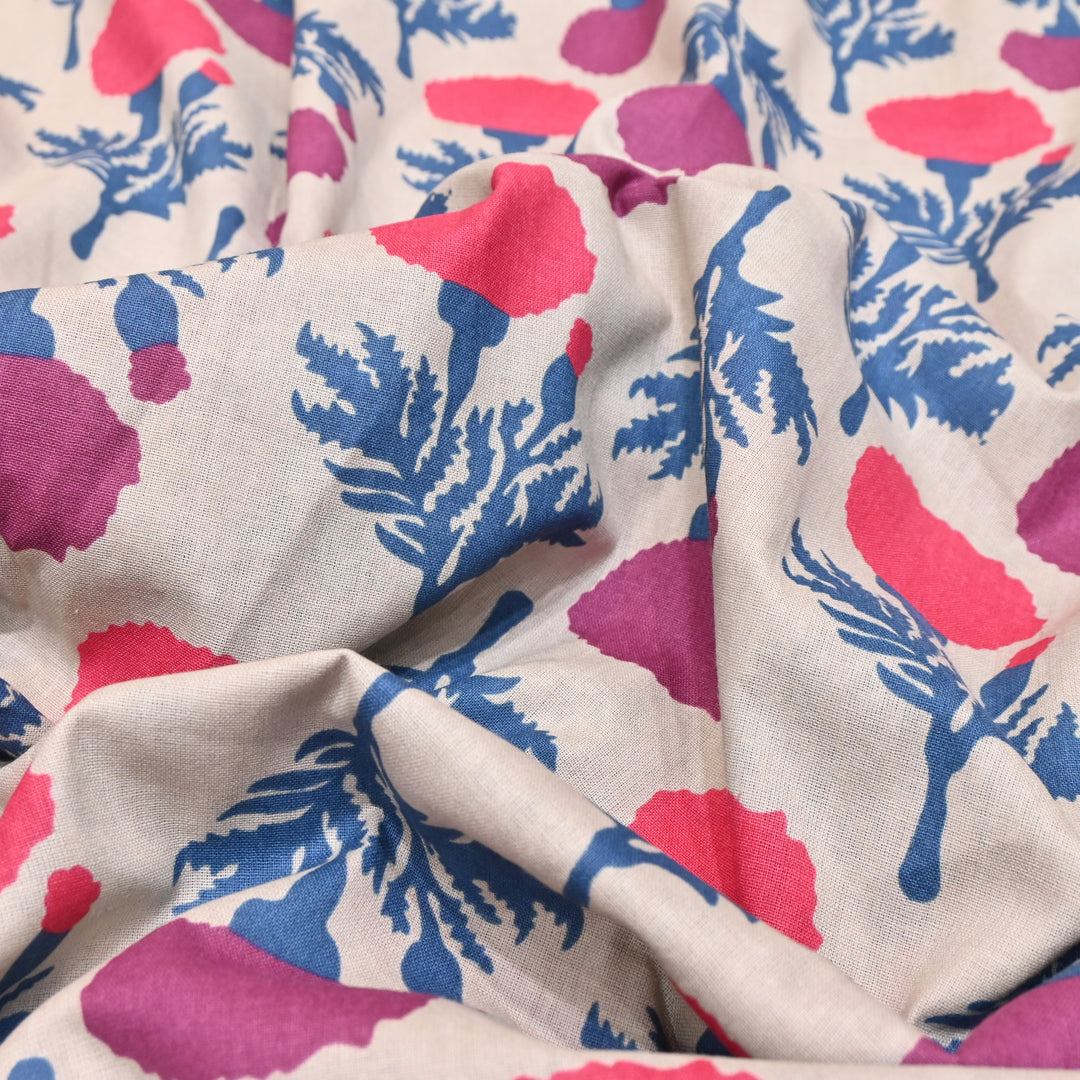 White Cotton Linen In Magenta Floral Print