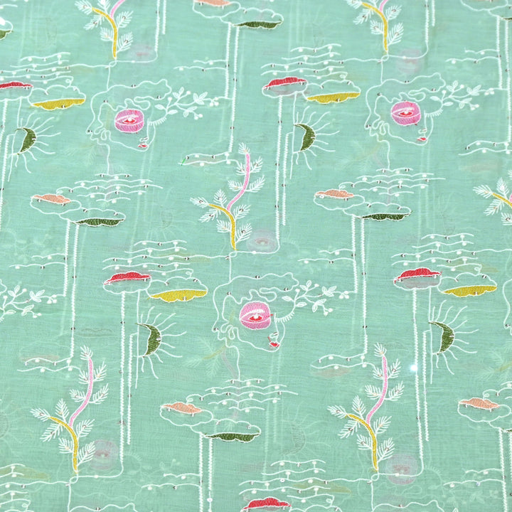 Sea Blue Mul Chanderi Fabric with allover Sequins Thread Embroidery