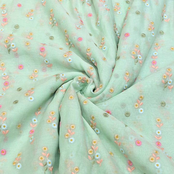 Mint Green Color Mul Chanderi Thread Embroidery Fabric – Soft Lightweight Designer Fabric- GP4209-3