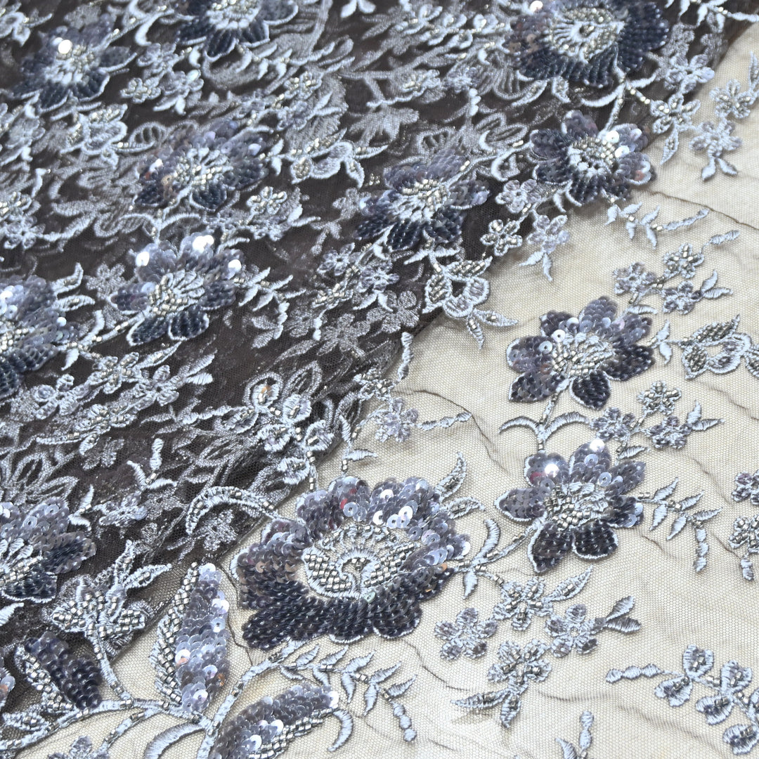 Imported Net Fabric with 3D Floral & Cut Dana Sequins Embroidery – Premium Party Wear Fabric-DY03174-1C