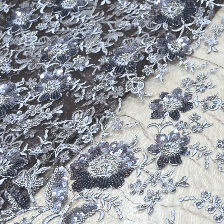 Imported Net Fabric with 3D Floral & Cut Dana Sequins Embroidery – Premium Party Wear Fabric-DY03174-1C