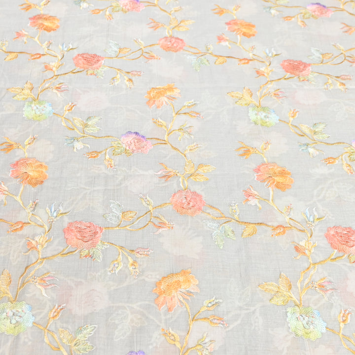 Mul Chanderi Thread Embroidery Fabric – Lightweight Elegant Designer Fabric- V2366C-02