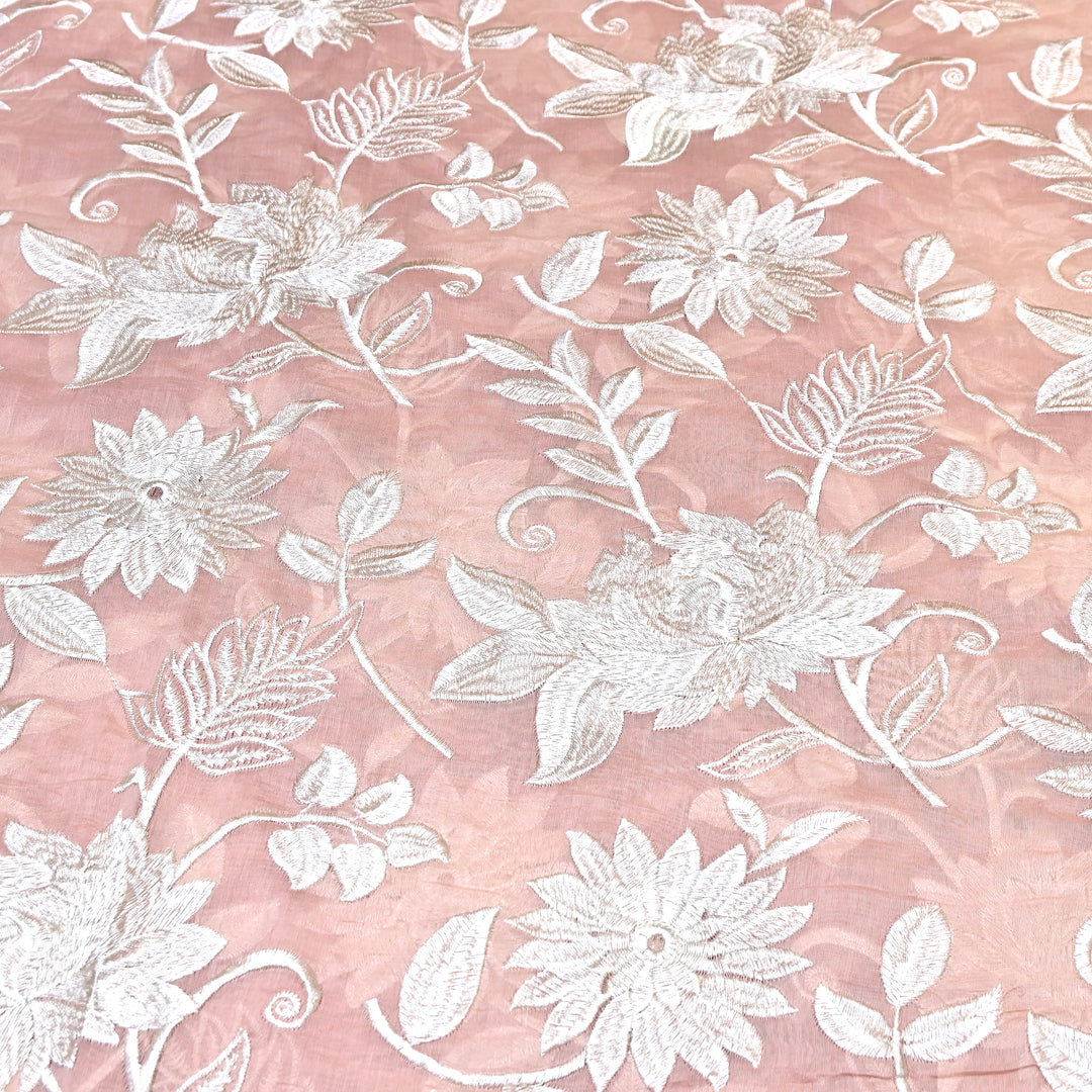 Blush Pink Color Mul Chanderi Thread Embroidery Fabric – Soft Summer Designer Fabric-CD2116-2