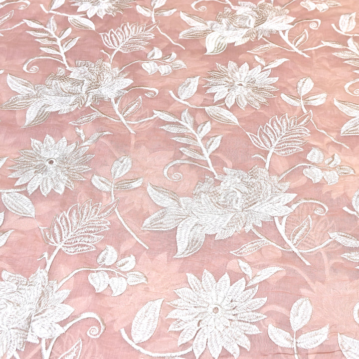 Blush Pink Color Mul Chanderi Thread Embroidery Fabric – Soft Summer Designer Fabric-CD2116-2