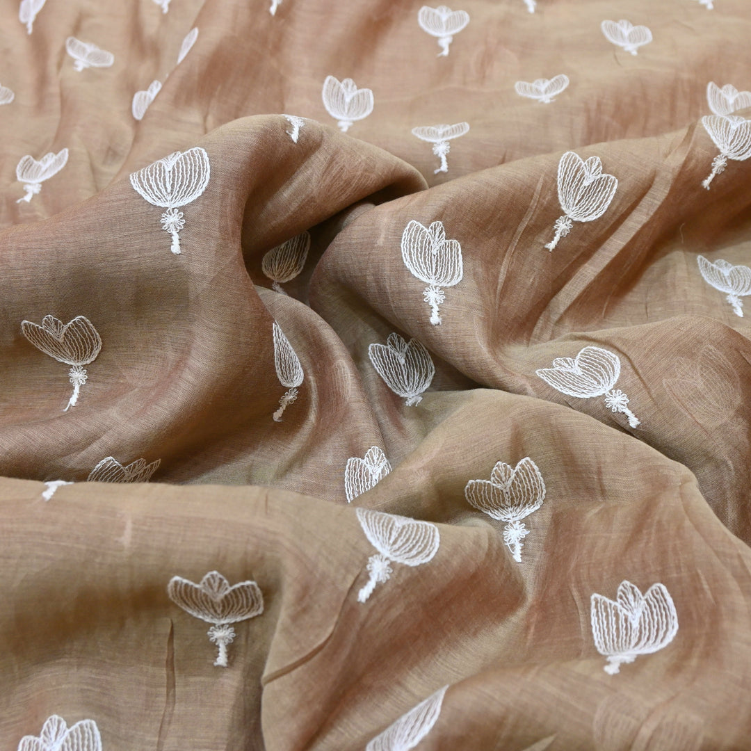 Coffee Brown Mul Chanderi Fabric with Thread Embroidery
